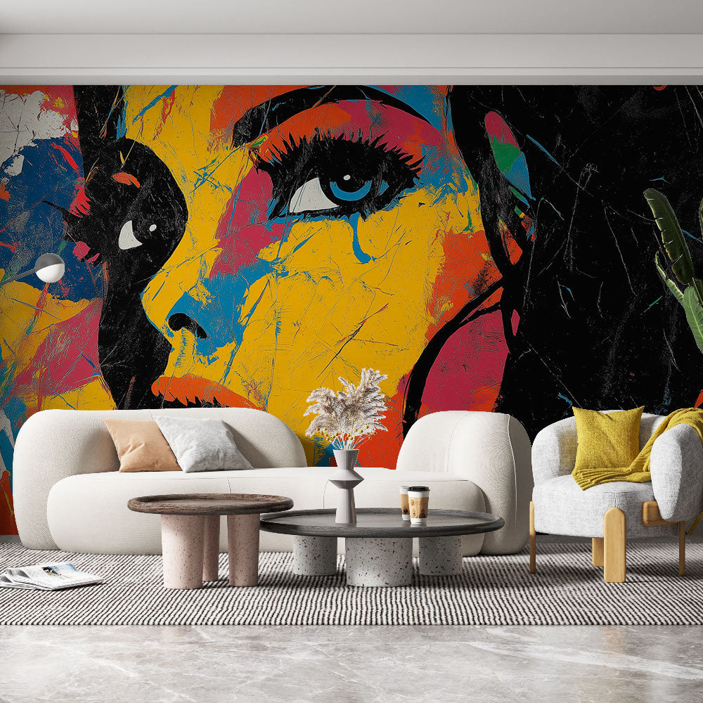 Street art portrait mural wallpaper displayed in modern loft living room with industrial furniture