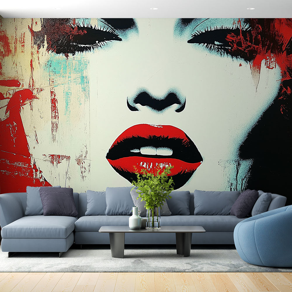 Street art portrait wallpaper creating bold impact in modern living room with white furniture and natural light