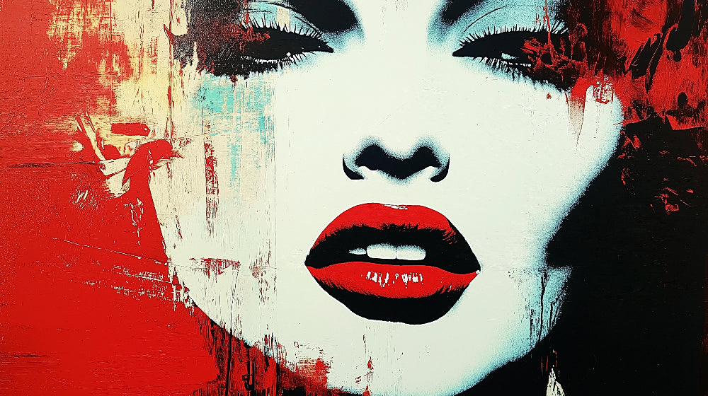 Street art portrait wallpaper design file showing vibrant red lips and artistic details