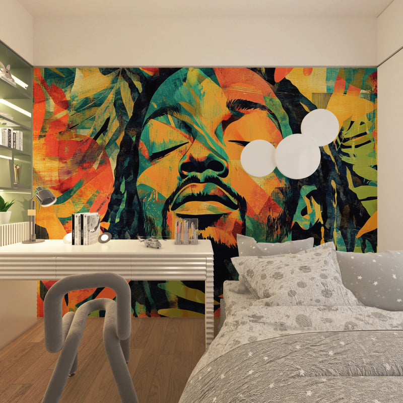 Street art wallpaper creating bold impact in modern living room with grey sofa and indoor plants