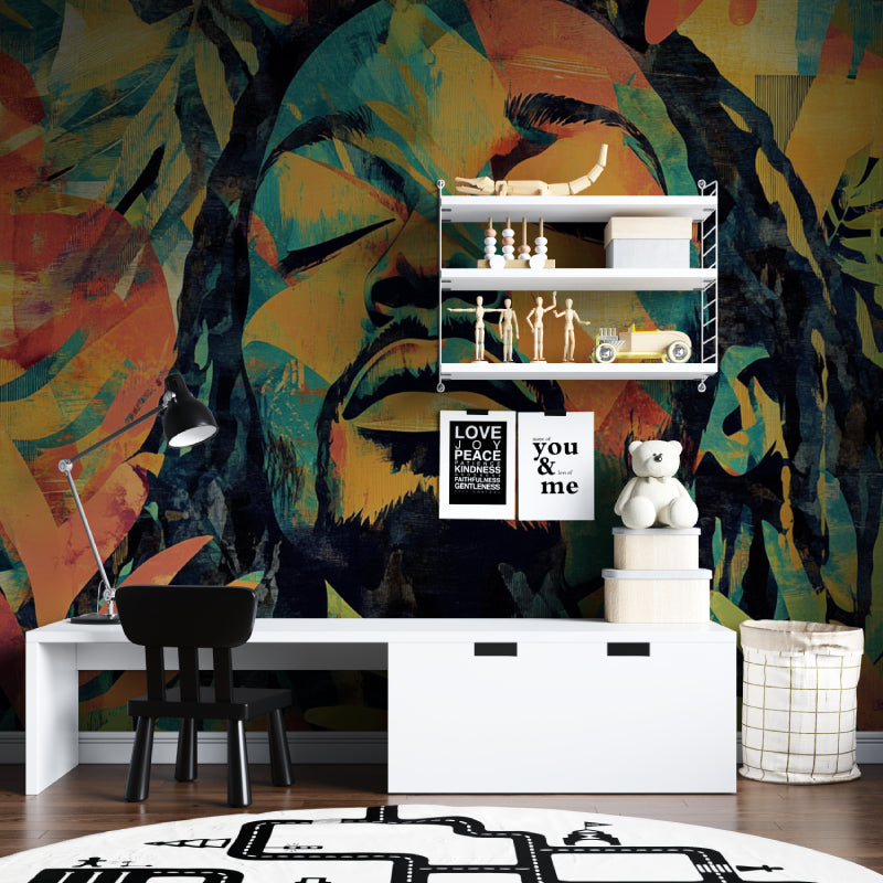 Tropical street art wallpaper making statement in teen bedroom with minimal furniture