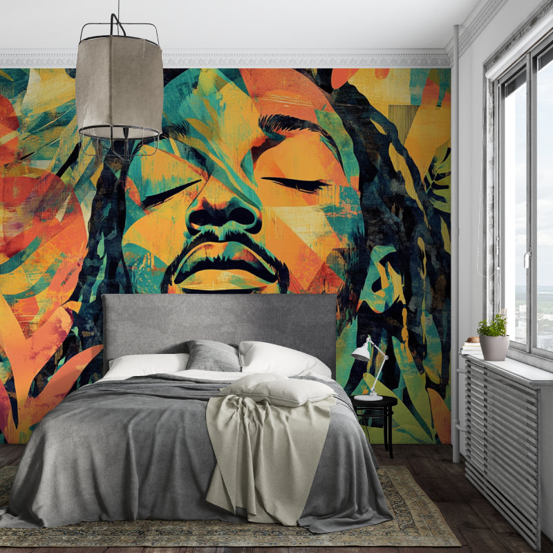 Pop art portrait wallpaper transforming modern dining room with artistic flair