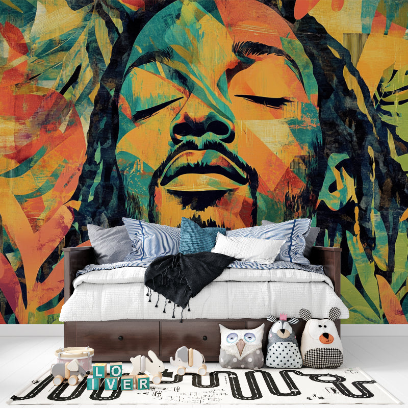 Street art mural adding urban edge to contemporary studio apartment setting