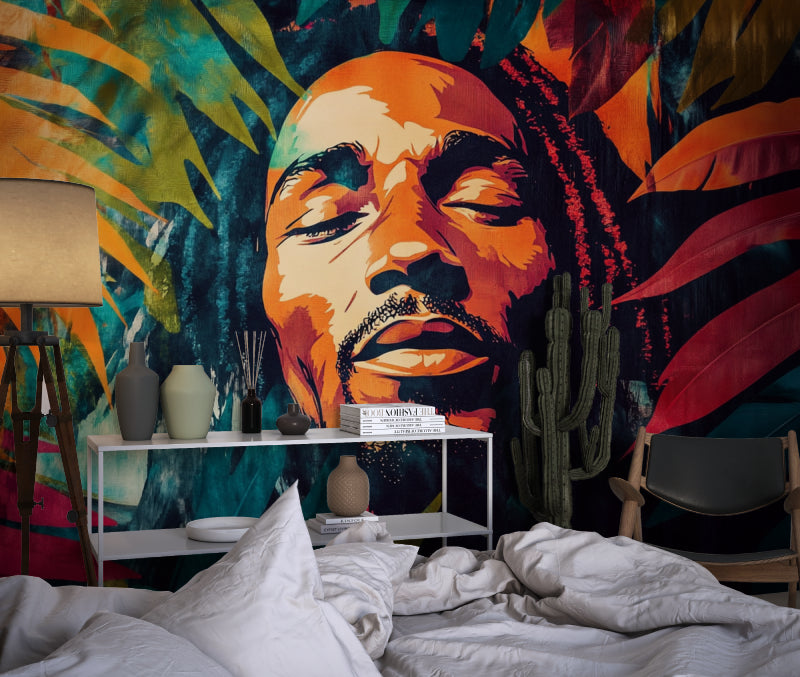 Street art wallpaper installation in creative office space showing scale