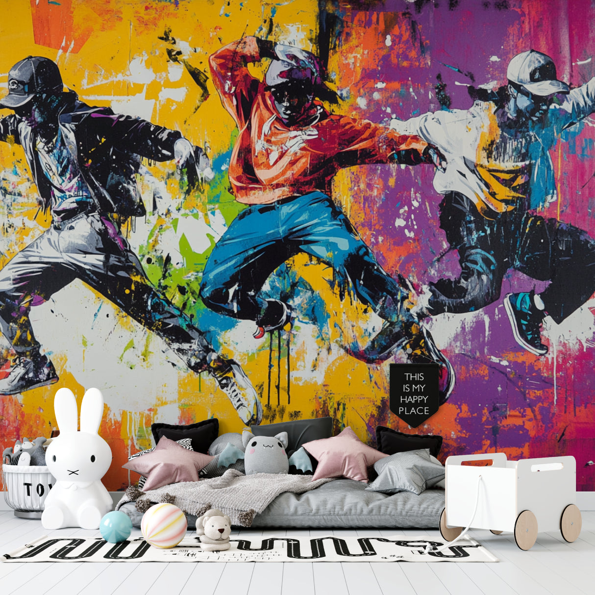 Street art graffiti wallpaper bringing vibrant energy to a modern living room with high ceilings