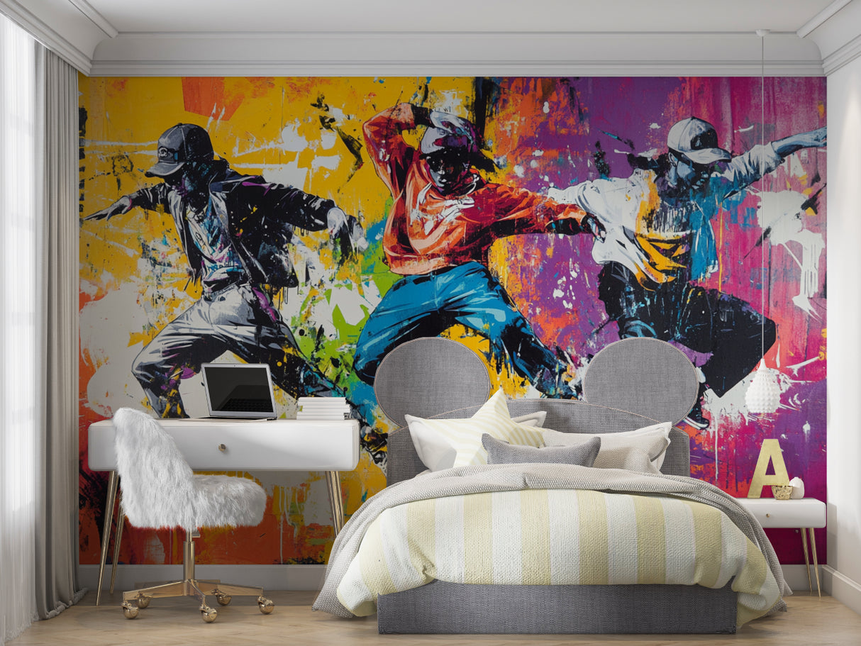 Street art wallpaper transforming a dance studio with dynamic colors