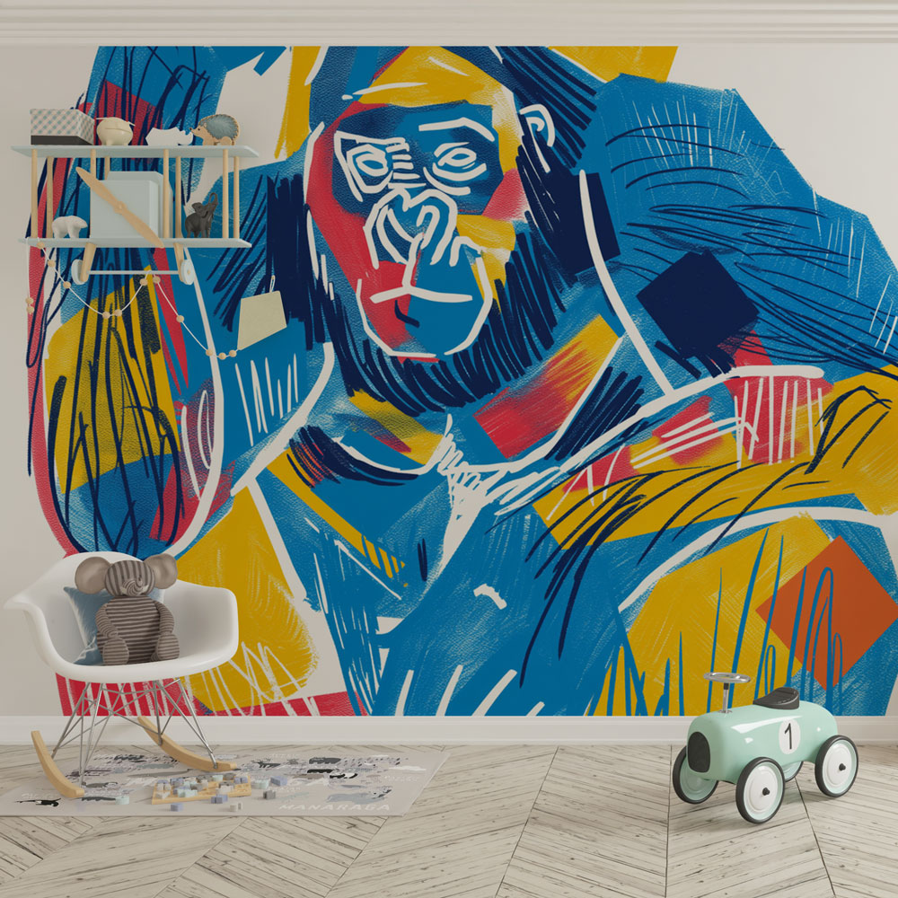 Street art gorilla wallpaper displayed in modern loft office, showing vibrant colors and urban style against industrial backdrop