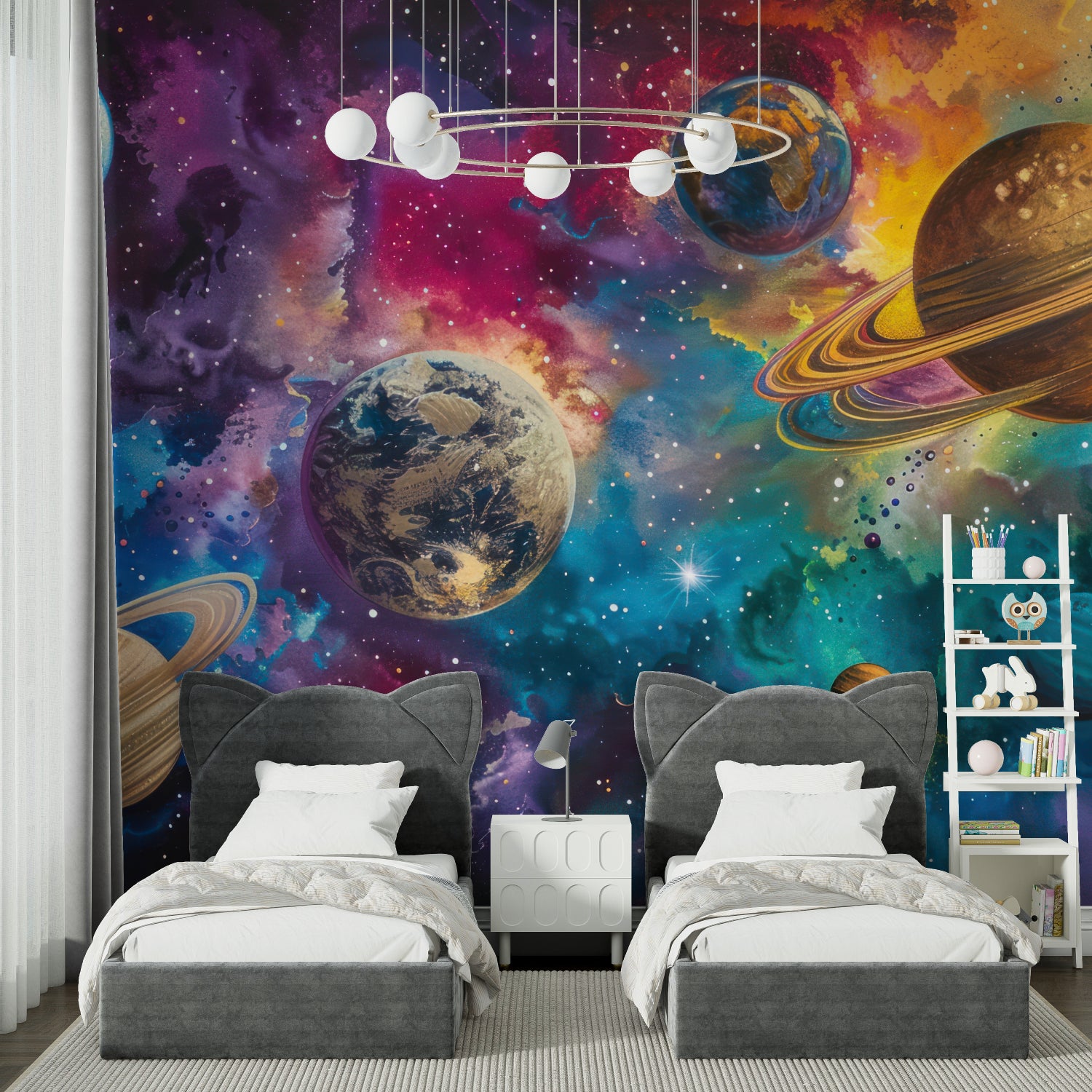 Gaming room featuring street art wall mural with bold geometric patterns