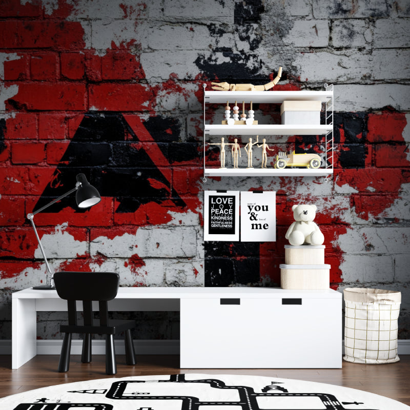Street art wallpaper transforming office space with bold red graffiti design