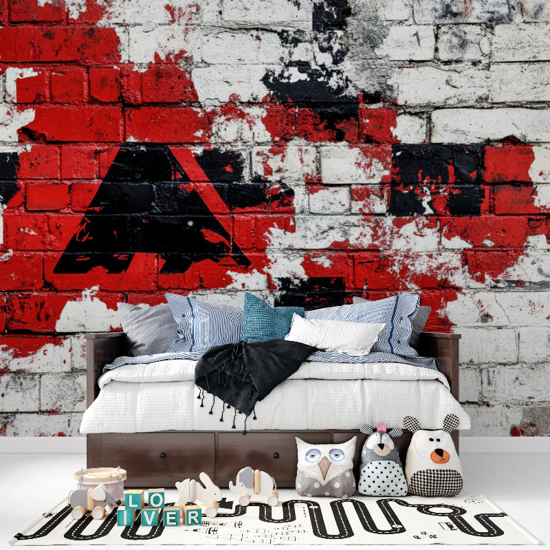 Street art wallpaper bringing urban edge to restaurant interior with red and black design