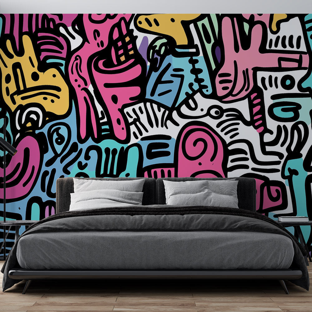 Street art mural wallpaper showcased in a modern living room, bringing urban flair to contemporary interiors