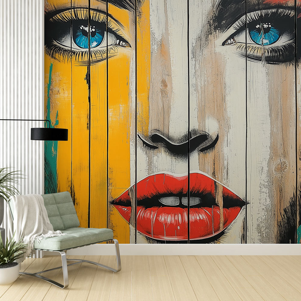 Street art portrait wallpaper creating dramatic focus in a modern minimalist living room with high ceilings