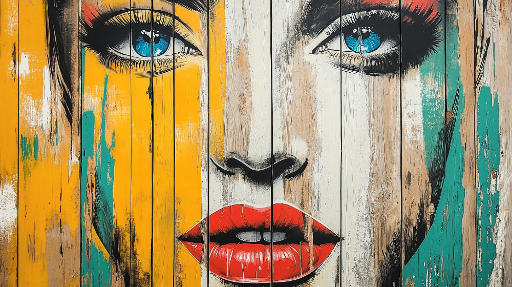 Urban portrait wallpaper design file showing vivid blue eyes and wood texture details