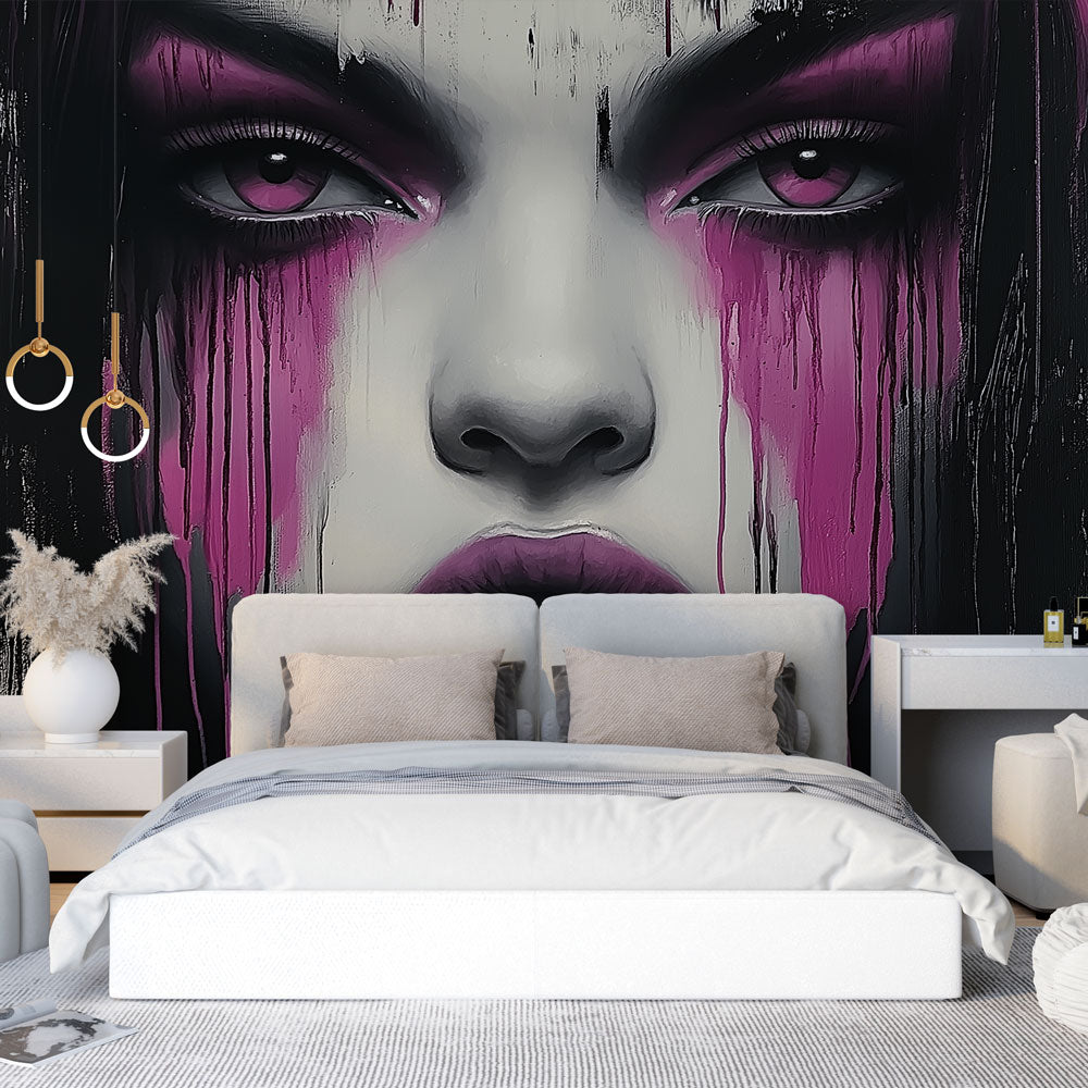 Street art portrait wallpaper creating dramatic impact in modern loft living room with high ceilings and minimal furniture