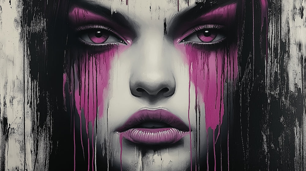 Street art wallpaper design file showing urban portrait with pink paint drip effect on white background