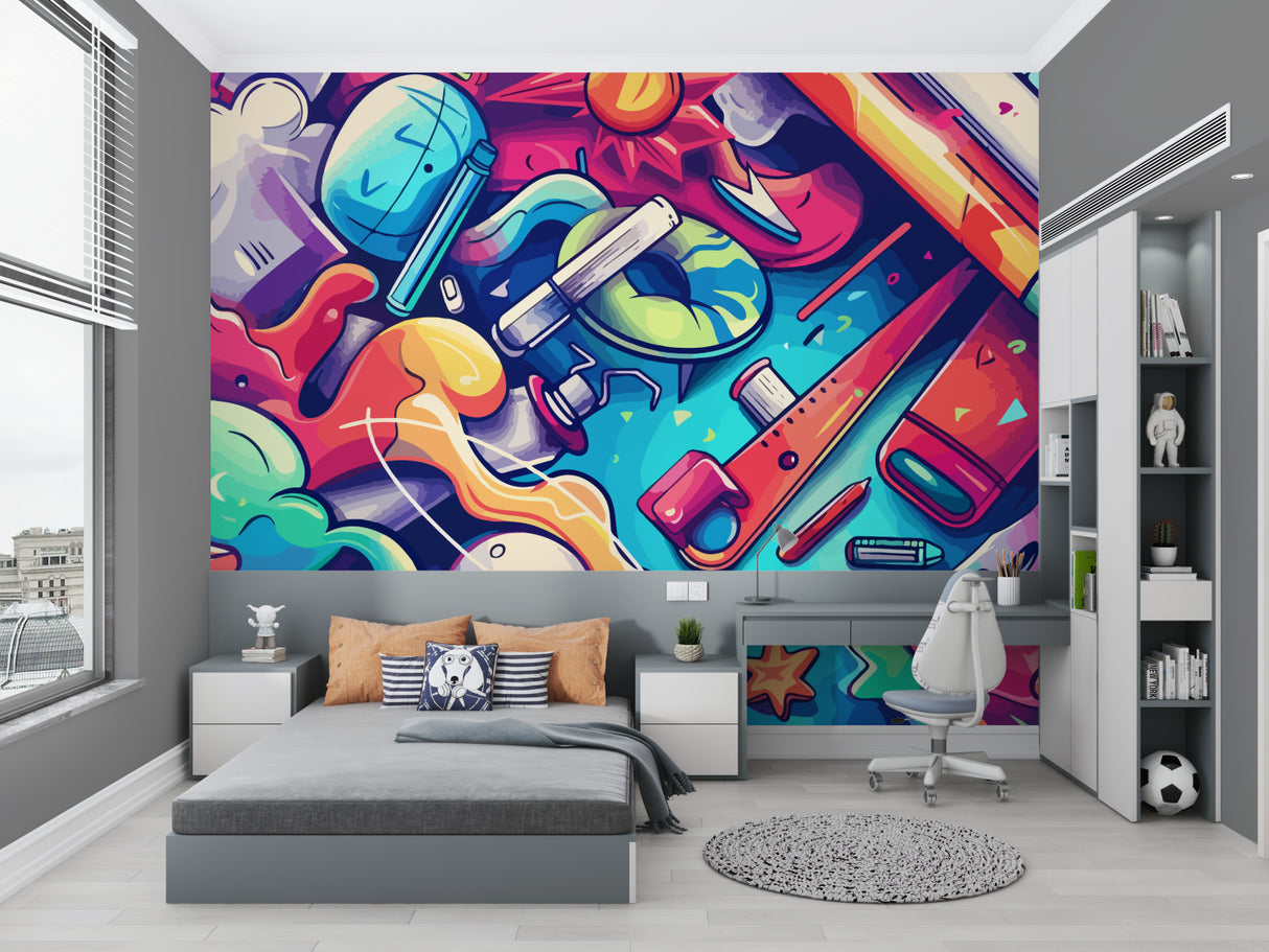 Urban graffiti wall mural bringing life to teen bedroom with desk setup