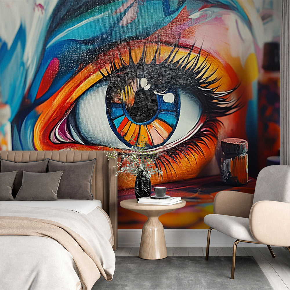 Street art mural wallpaper creating bold impact in modern living room, urban graffiti eye design with vibrant colors