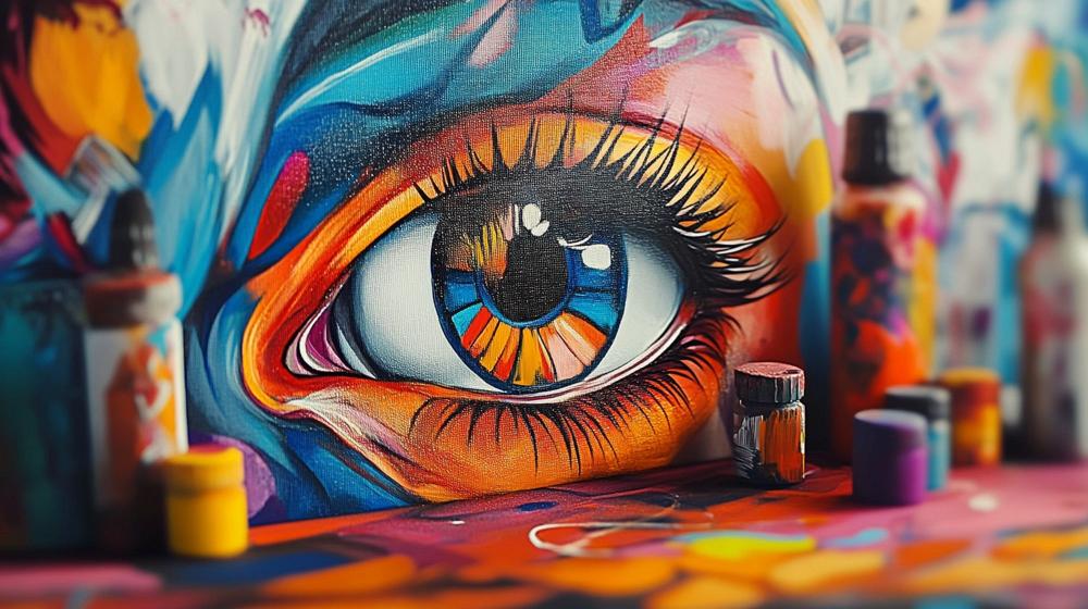 Urban graffiti eye design pattern with explosive color combination and artistic details