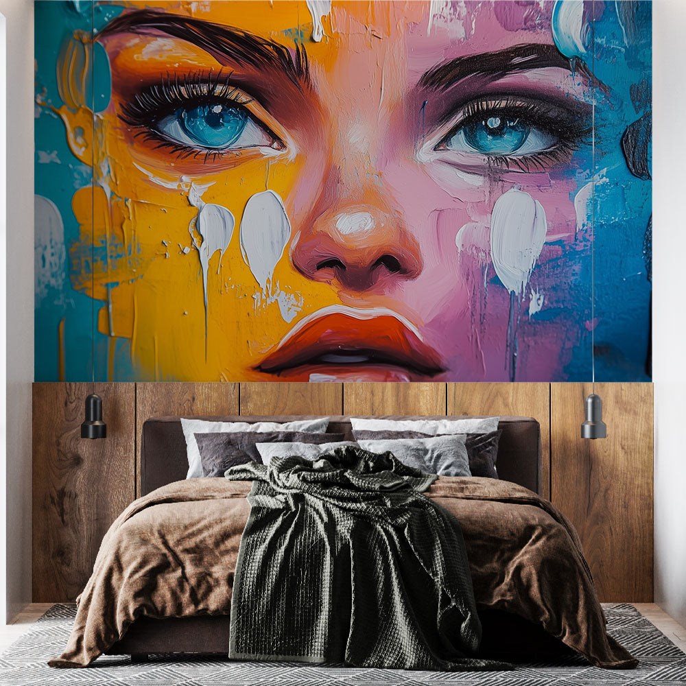 Street art face mural wallpaper bringing urban flair to a modern living room with high ceilings and minimal furniture