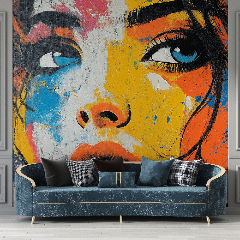 Street art mural wallpaper creating bold impact in modern living room with high ceilings and minimal furniture