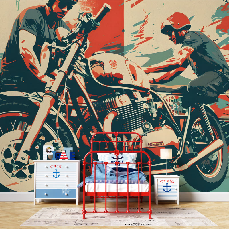 Vintage motorcycle mural wallpaper displayed in garage lounge area with modern touches