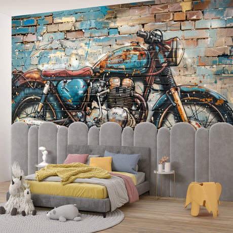 Street art motorcycle wallpaper creating urban atmosphere in modern living room with grey sofa and metal accents