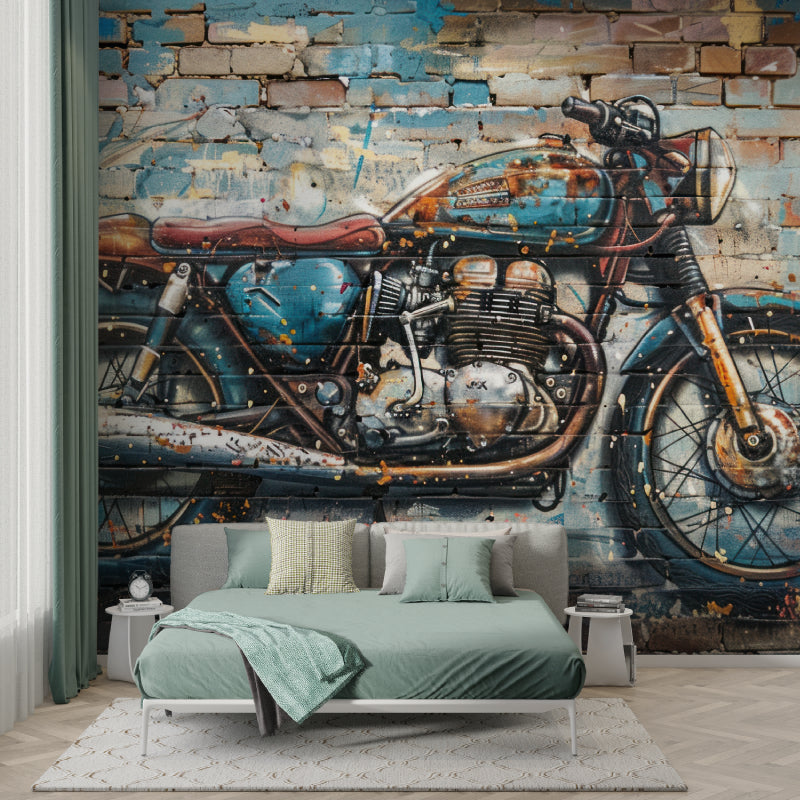 Graffiti motorcycle mural displayed in industrial style bedroom with exposed brick and metal furniture