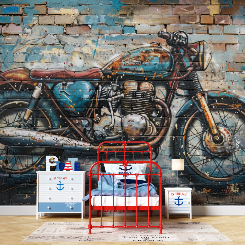 Urban motorcycle wall mural adding character to teen room with contemporary furniture