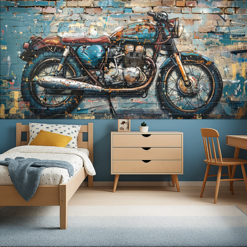 Street art wallpaper featuring vintage motorcycle in modern home office space
