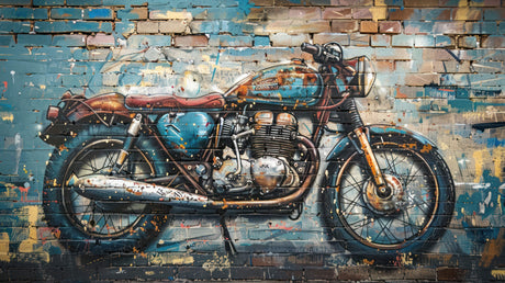 Vintage motorcycle graffiti design file showing detailed street art pattern with turquoise and rust tones