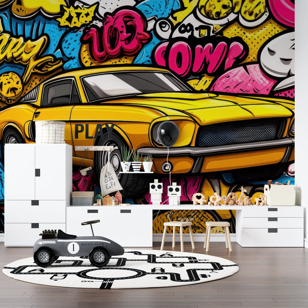Street art wallpaper with yellow muscle car shown in modern teen bedroom, creating dynamic urban atmosphere