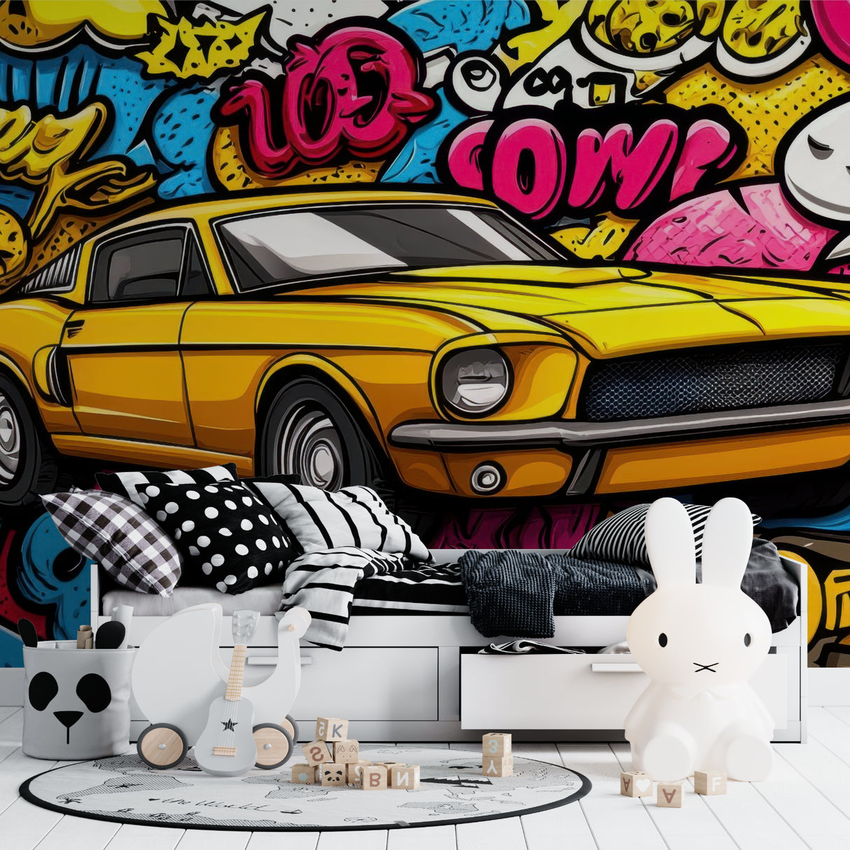 Graffiti car wallpaper displayed in contemporary living room, adding bold street style flair