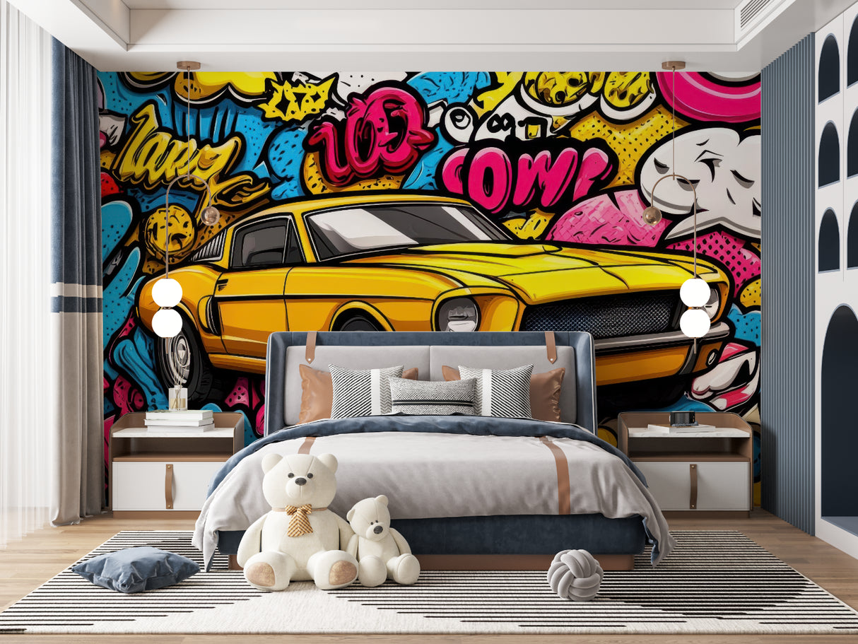 Urban street art mural with muscle car featured in gaming room setting