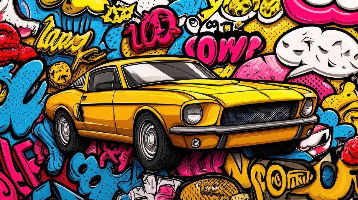 Street art wallpaper design file showing yellow muscle car with vibrant graffiti pattern