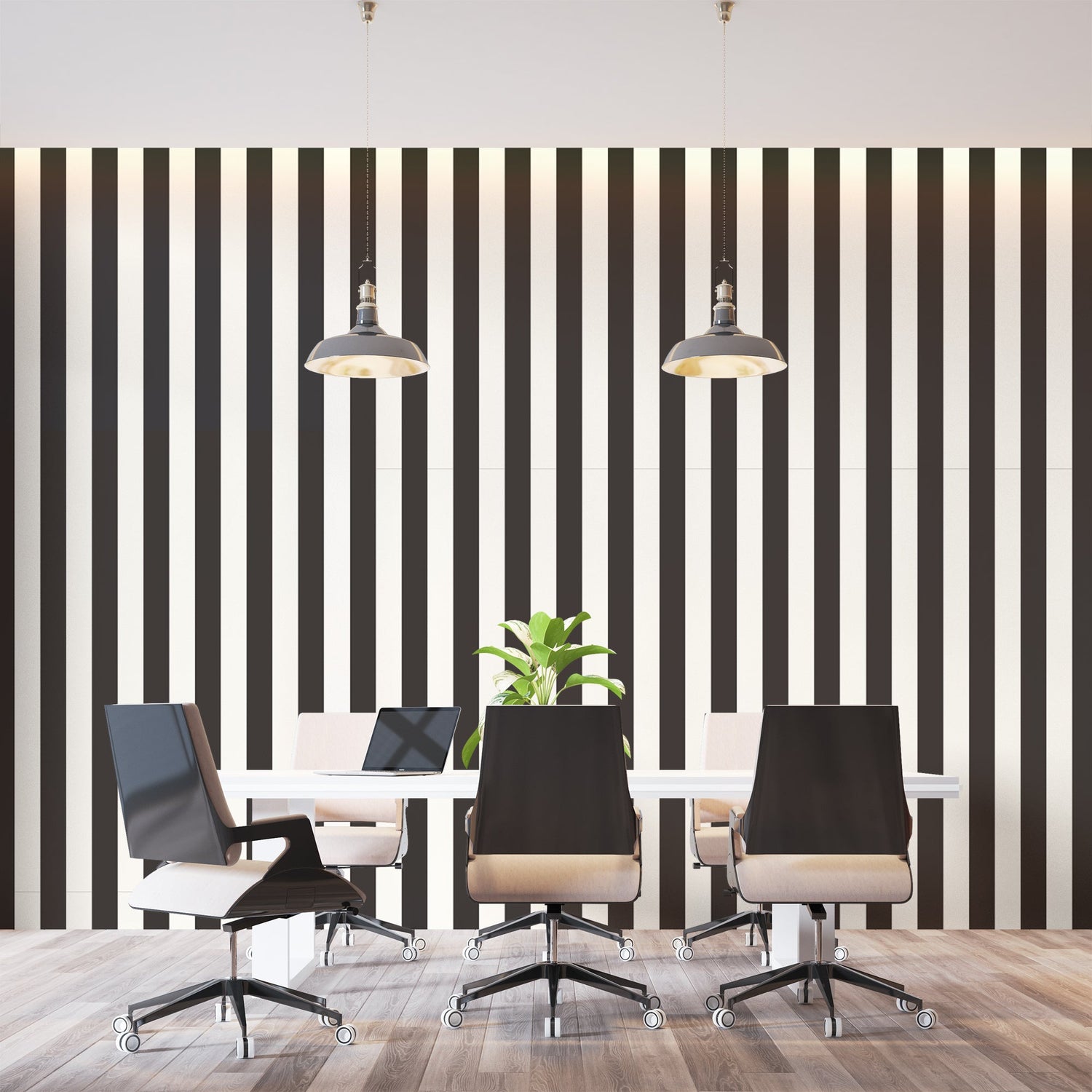 Modern black and white striped mural in dining room showcasing dramatic contrast and depth