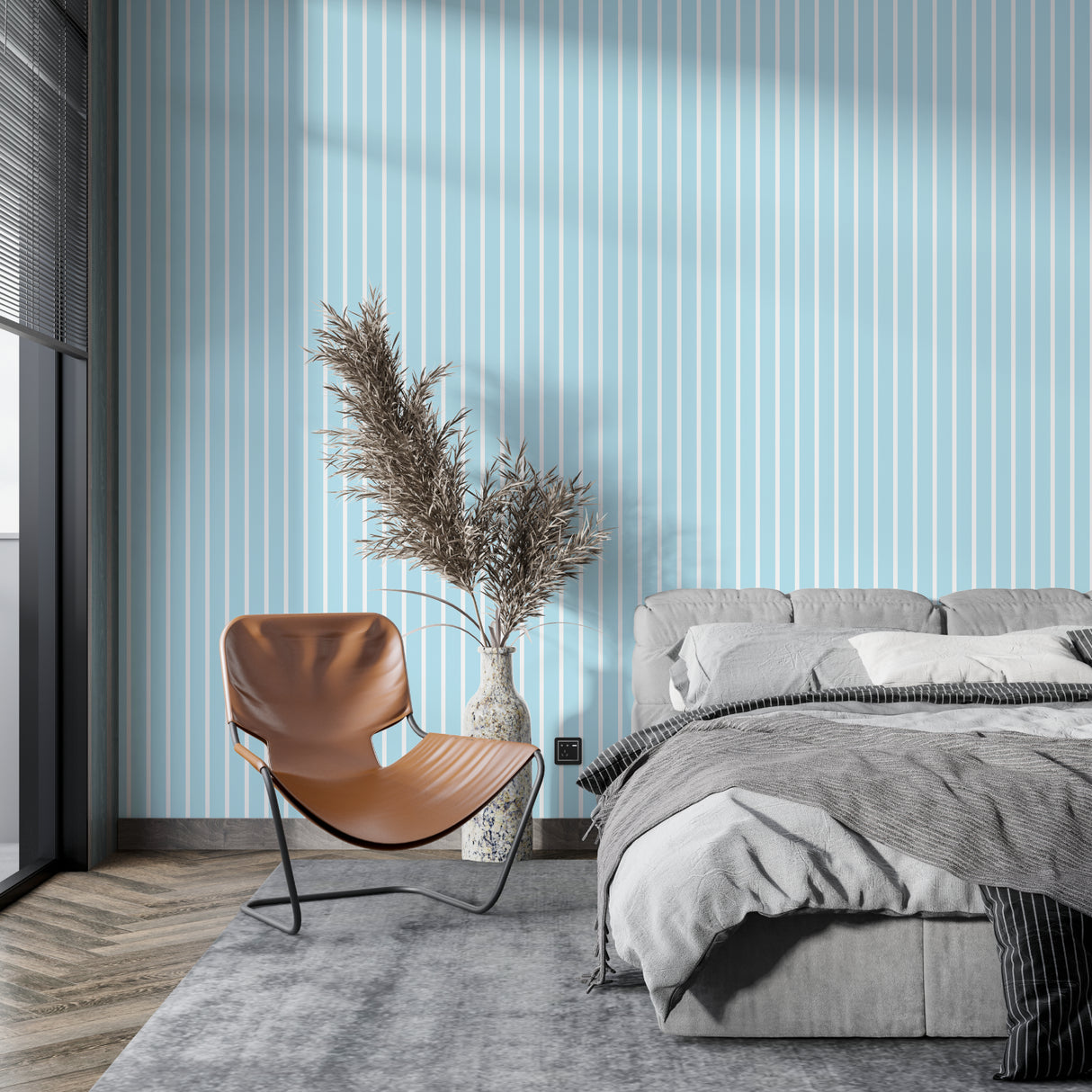 Blue striped wallpaper in modern living room creating an airy, open feel with natural light