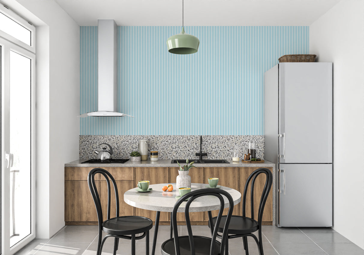 Striped wall design in dining room showing the pattern's clean lines and fresh appeal