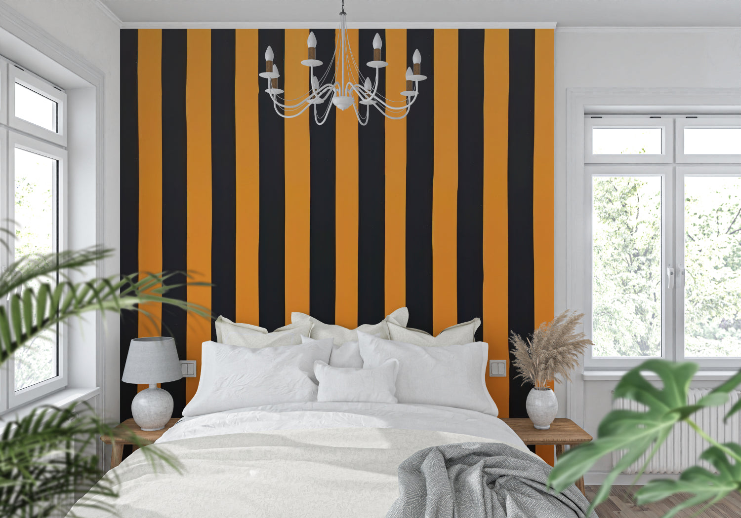 Striped wall design making a statement in an urban bedroom setting