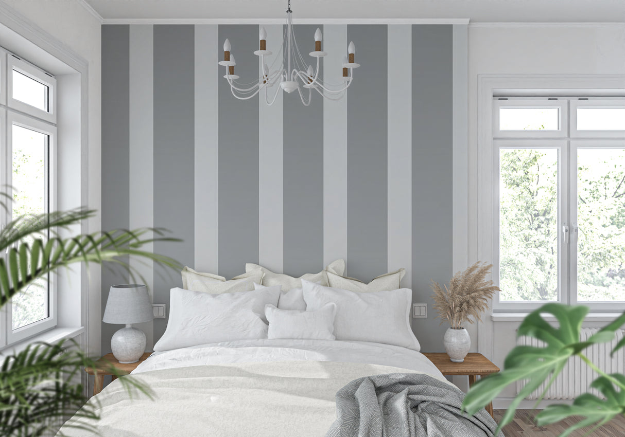 Grey striped wallpaper in modern living room creating an elegant, spacious atmosphere