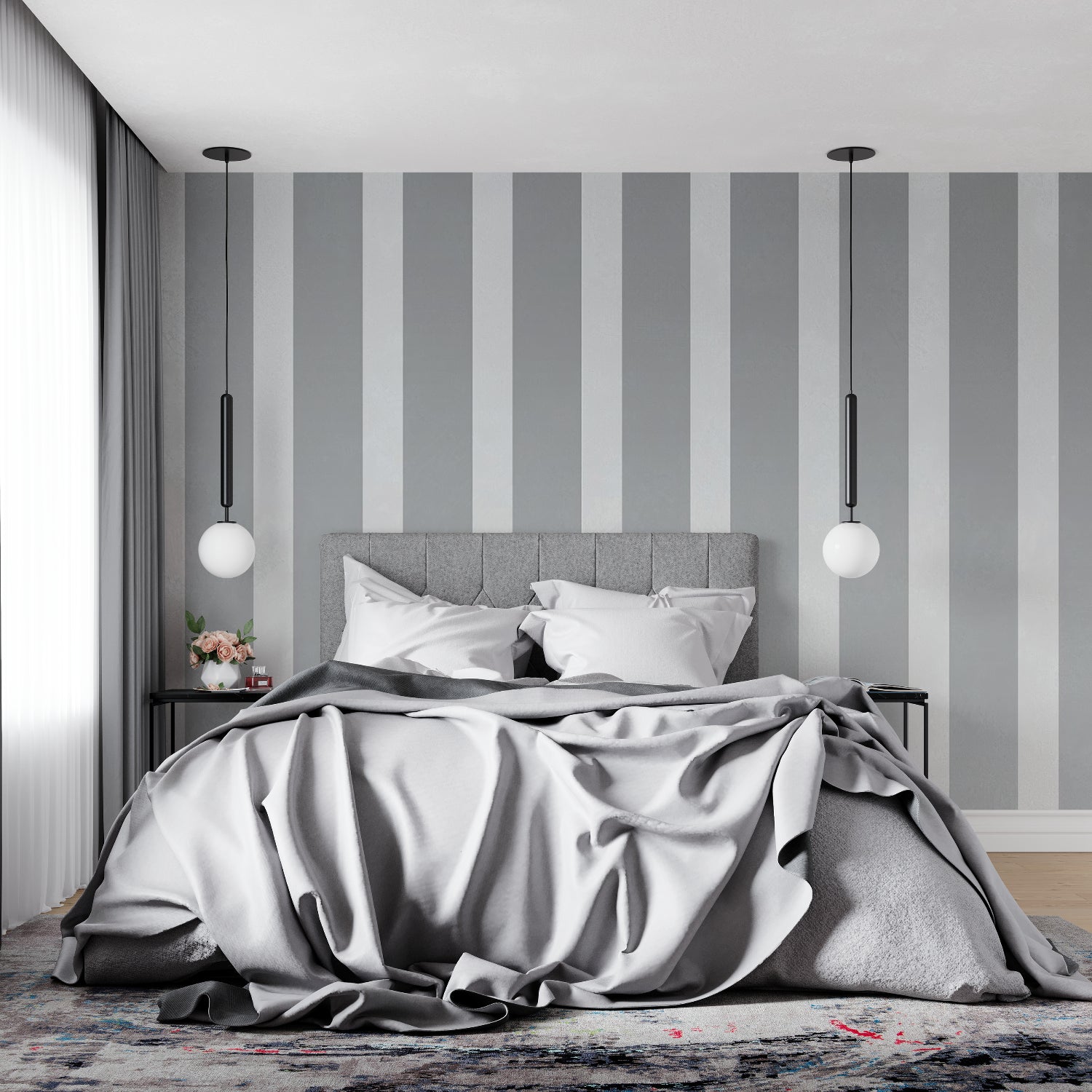 Grey striped wallpaper accent wall in minimalist hallway