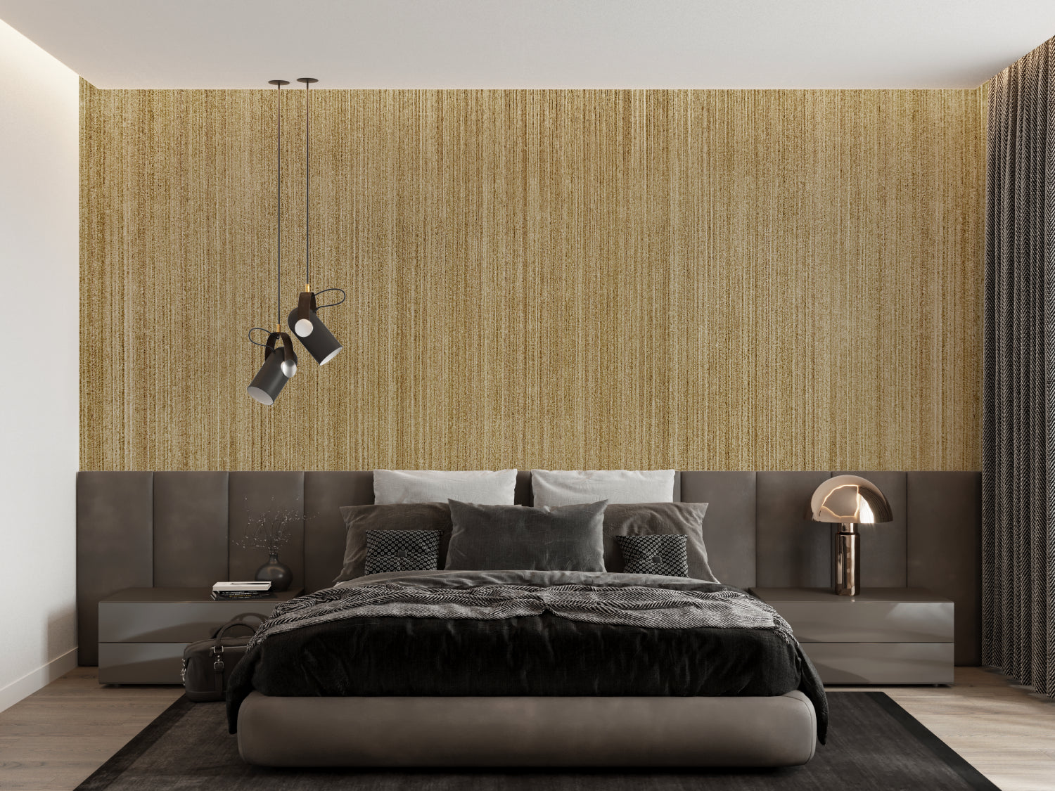 Bamboo textured wallpaper adding elegance to dining room with vertical golden stripes