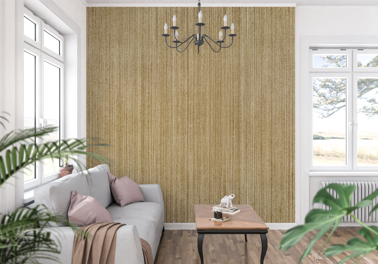 Vertical stripe wallpaper bringing height to bedroom with soft golden bamboo pattern