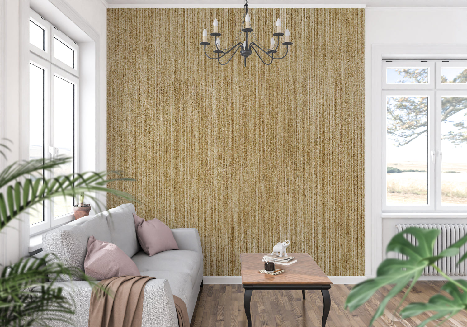 Vertical stripe wallpaper bringing height to bedroom with soft golden bamboo pattern