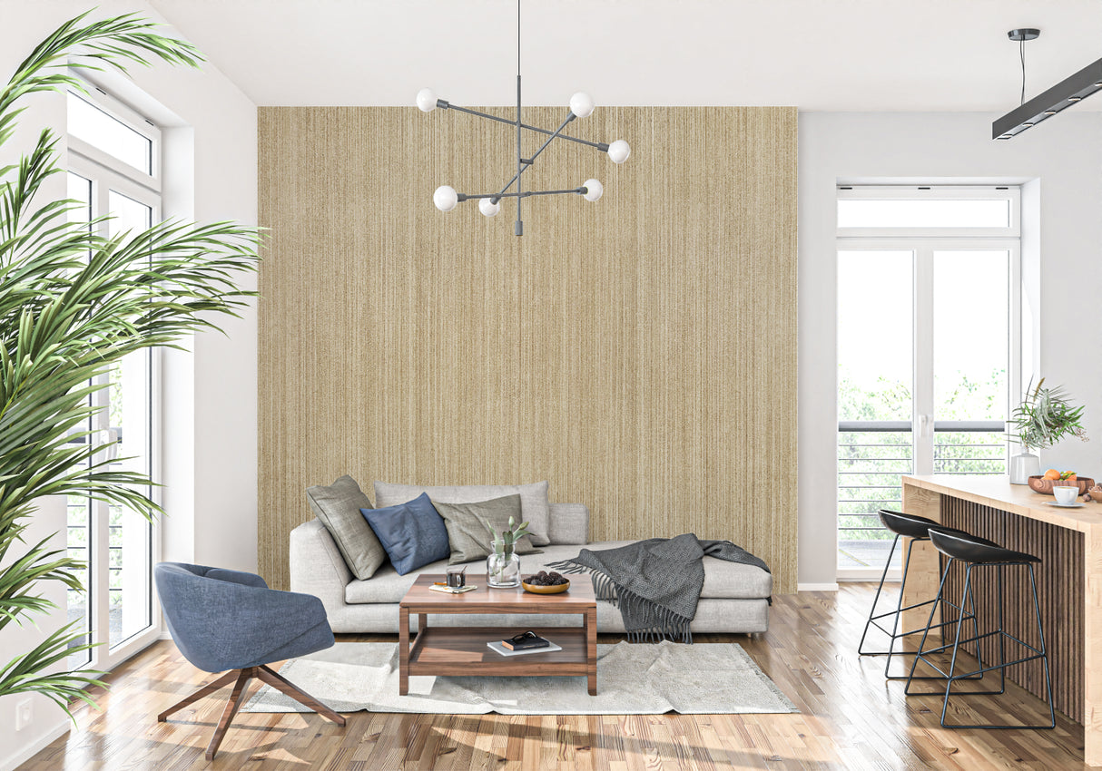 Golden bamboo wall design creating luxury feel in home office space