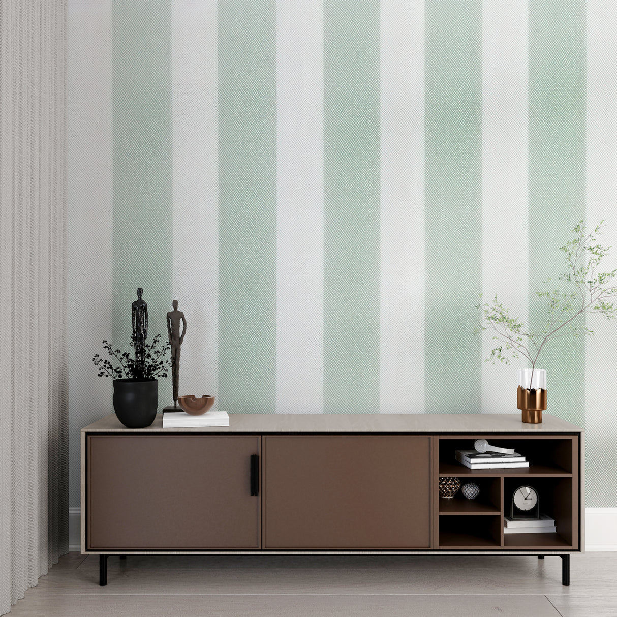 Vertical mint stripes in home office space adding height and sophistication