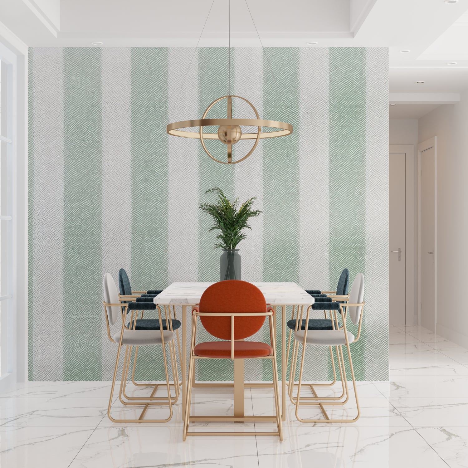 Striped mint wallpaper in bedroom showing pattern scale and light reflection