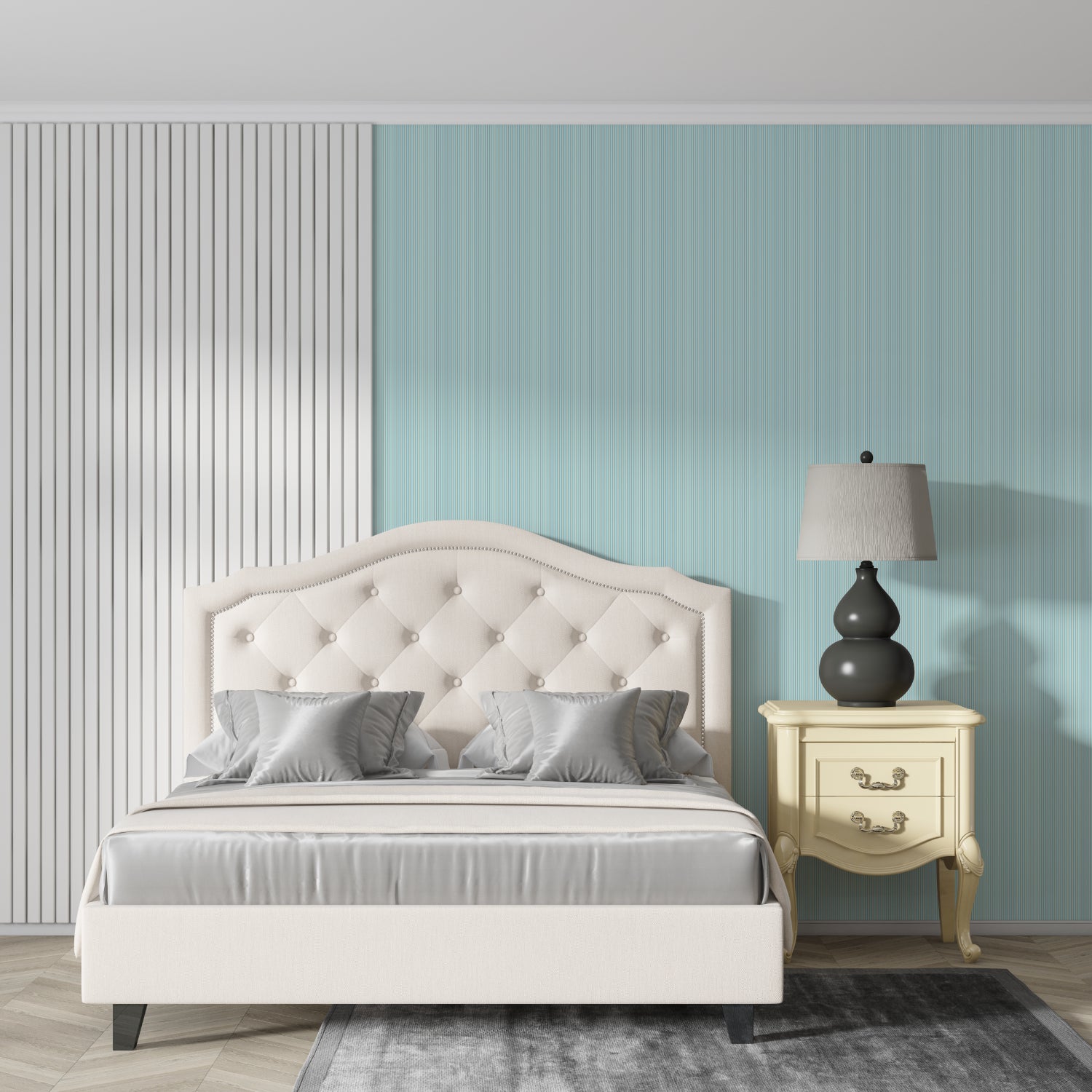 Green striped wallpaper adding visual height to a contemporary hallway