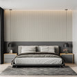 Modern striped wallpaper in beige creating an elegant backdrop in a minimalist living room