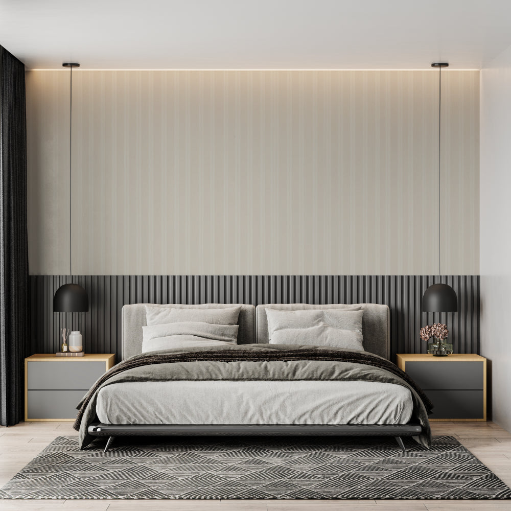 Modern striped wallpaper in beige creating an elegant backdrop in a minimalist living room