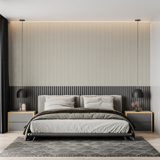 Modern striped wallpaper in beige creating an elegant backdrop in a minimalist living room